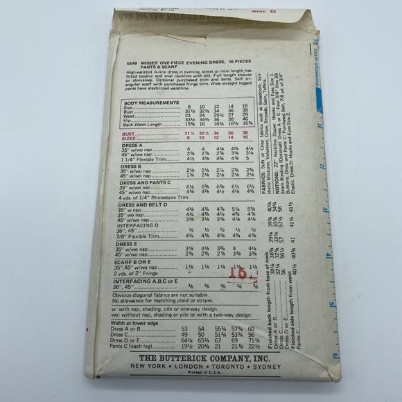 Butterick Pattern 5549 Misses One Piece Evening Dress Pants Scarf Size 8 Vintage - Picture 3 of 6